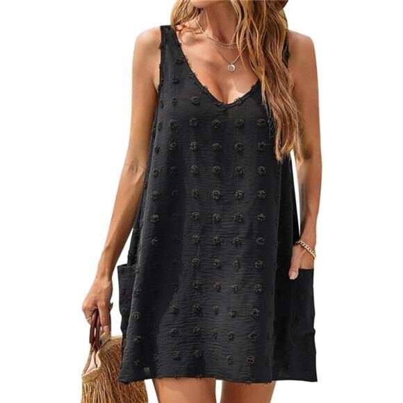 Womens Swiss Polka Dot V Neck Tank Dress Beach Cover Up Pockets Summer Casual - Picture 6 of 6